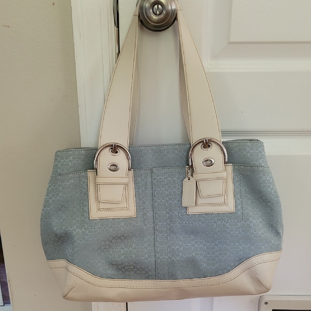 Chic Blue and Cream Tote with Leather Accents